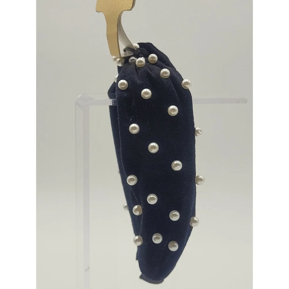 Natasha Headband Black Velvet Pearls Top Knot Preppy Gossip Girl Blair Waldorf